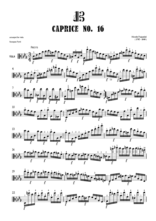 Niccolò Paganini Caprice No. 16 arranged for viola by Szczepan Pytel (arr. Szczepan Pytel)