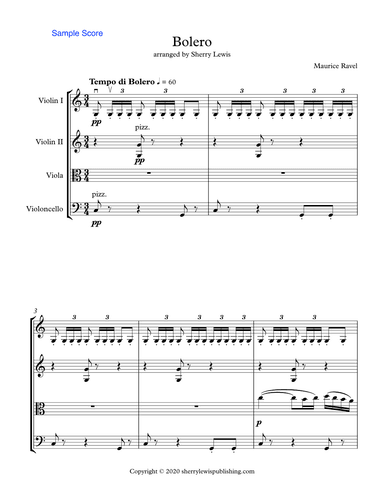 BOLERO for String Quartet, Intermediate Level for 2 violins, viola and cell (arr. Sherry Lewis)