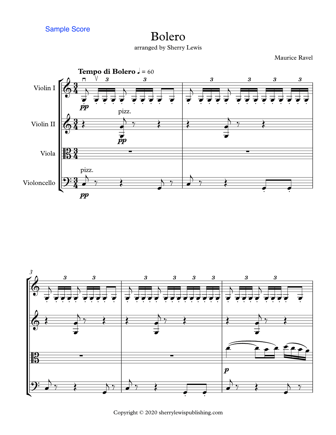 BOLERO for String Quartet, Intermediate Level for 2 violins, viola and cell (arr. Sherry Lewis)