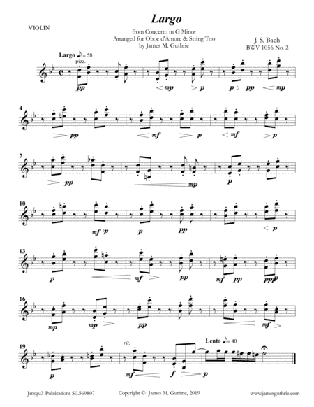 Bach: Largo from Concerto BWV 1056 for Oboe d'Amore & String Trio (arr. James M. Guthrie)