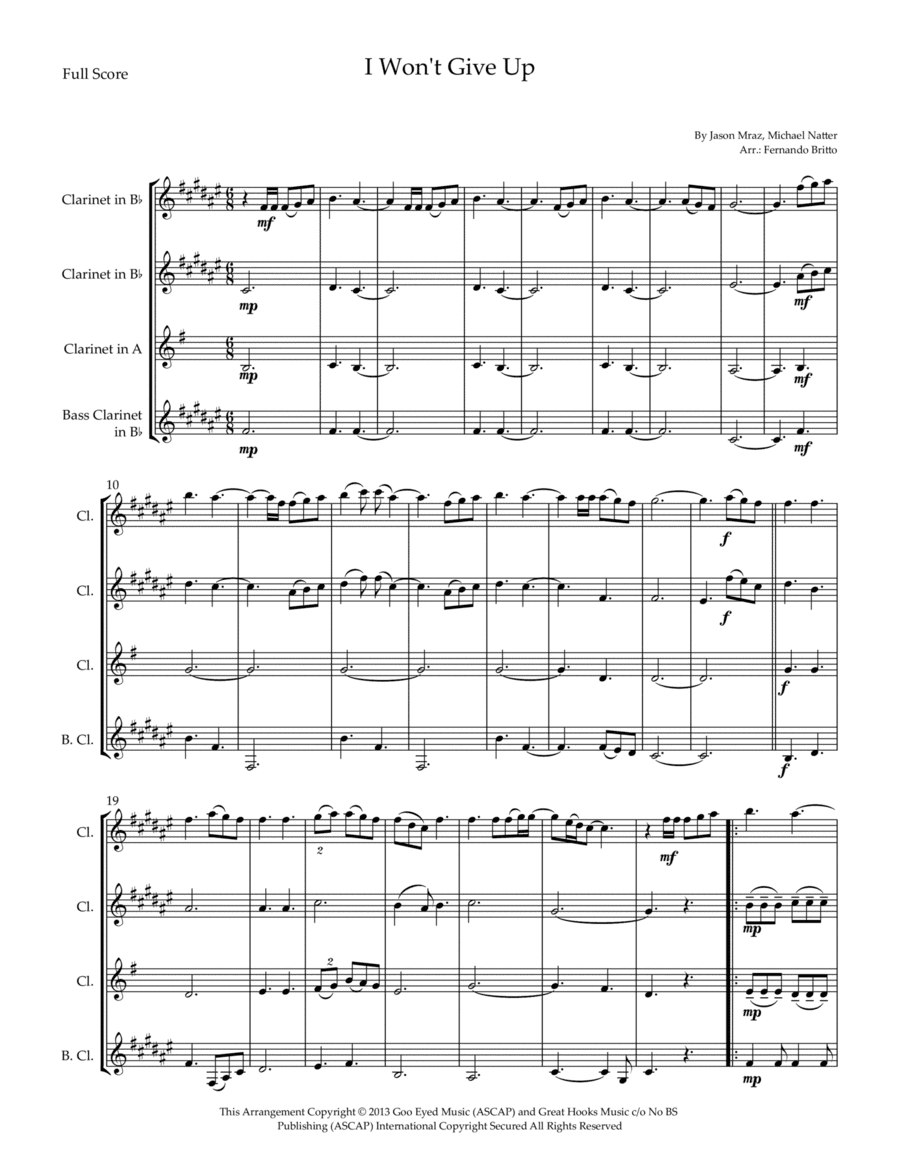 I Won't Give Up (arr. Fernando Britto)