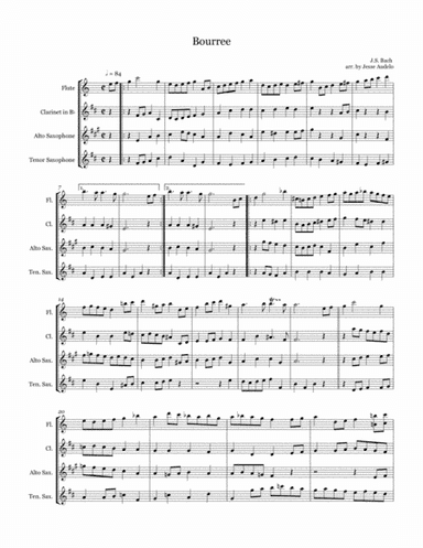 Bourree for Woodwind Quartet (Flute, Clarinet, Alto Sax, Tenor Sax) (arr. Jesse Audelo)