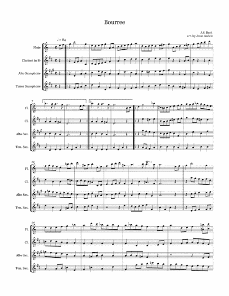 Bourree for Woodwind Quartet (Flute, Clarinet, Alto Sax, Tenor Sax) (arr. Jesse Audelo)