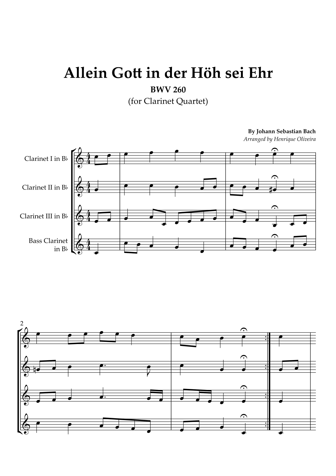Bach's Choral - "Allein Gott in der Höh sei Ehr" (Clarinet Quartet) (arr. Henrique Oliveira)