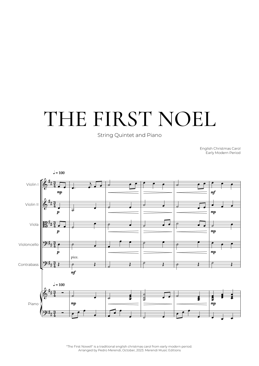 The First Noel (String Quintet and Piano) - Christmas Carol (arr. Pedro Merendi)