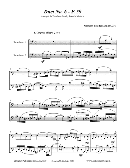WF Bach: Duet No. 6 for Trombone Duo (arr. James M. Guthrie, ASCAP)