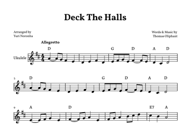 Deck The Halls - For Ukulele in D (Easy) (arr. Yuri Noronha)