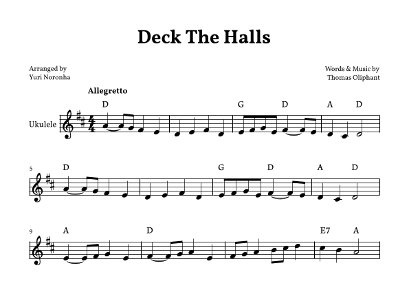 Deck The Halls - For Ukulele in D (Easy) (arr. Yuri Noronha)