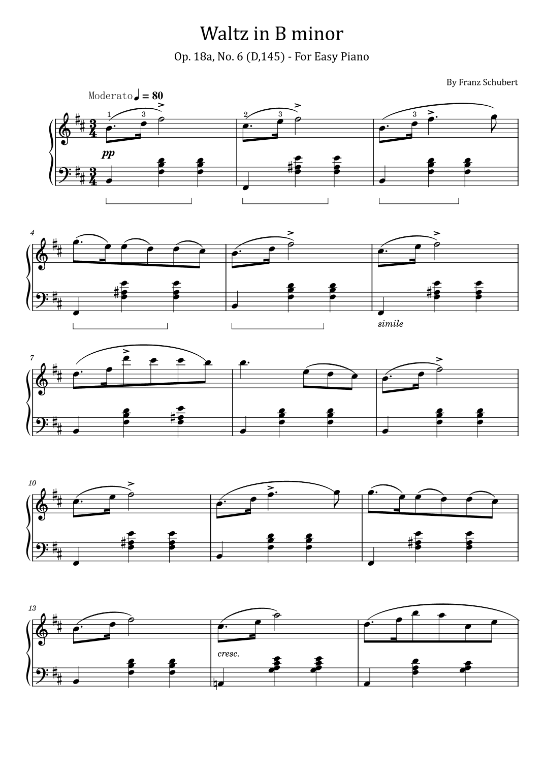 Schubert - Waltz in B minor - Op. 18, No. 6 (D.145) - For Easy Piano (arr. poon)