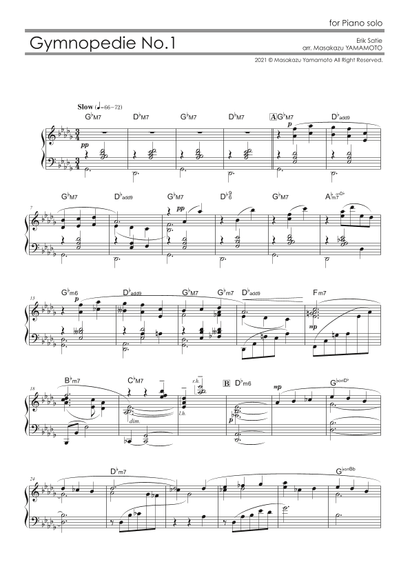 Gymnopedie No.1 (Jazz ver.) [Piano solo / advanced] (arr. Masakazu YAMAMOTO)