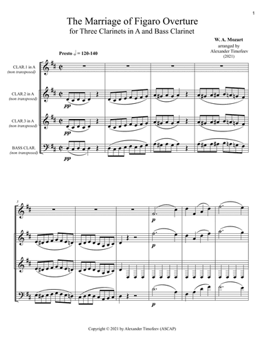 The Marriage of Figaro Overture, for Three Clarinets in A and Bass Clarinet (arr. Alexander Timofeev)
