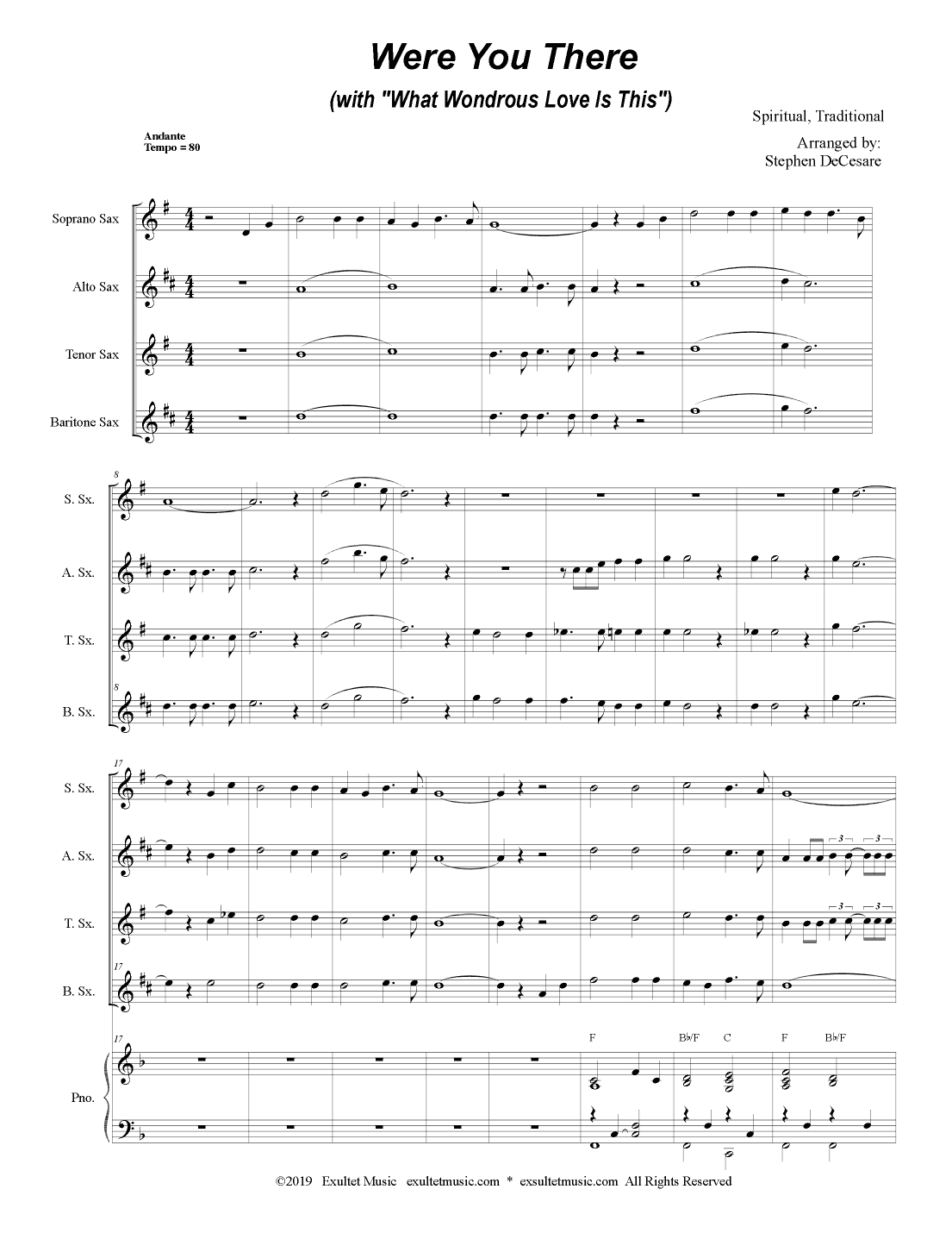 Were You There (with "What Wondrous Love Is This") (for Saxophone Quartet and Piano) (arr. Stephen DeCesare)