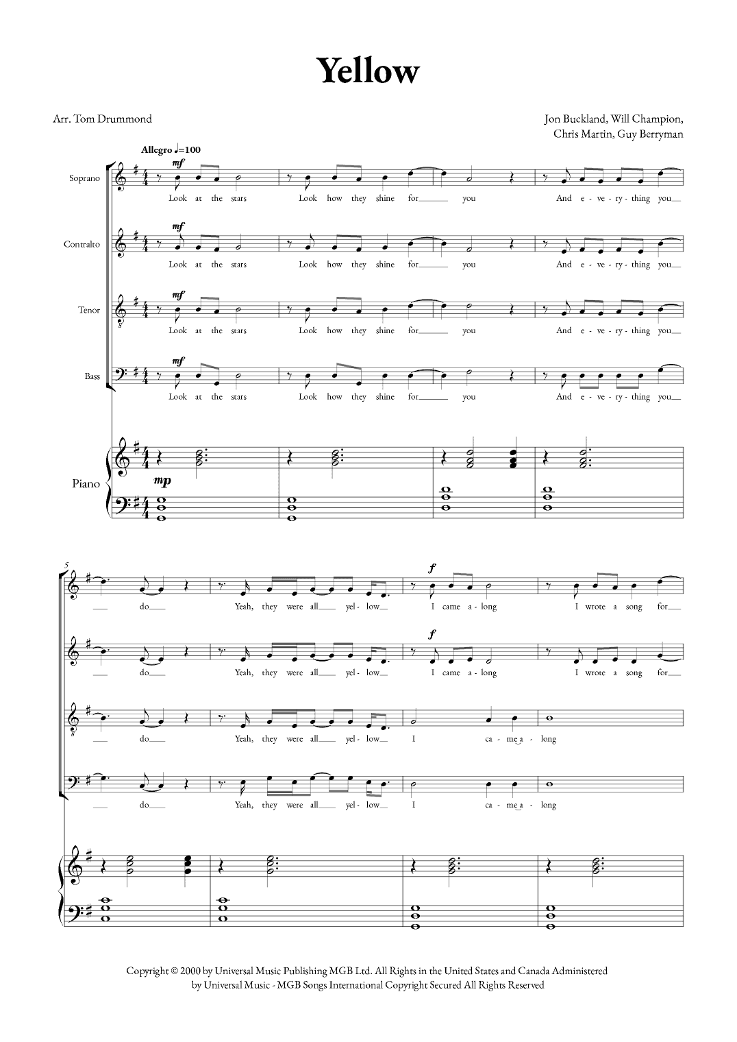 Yellow (arr. Tom Drummond)