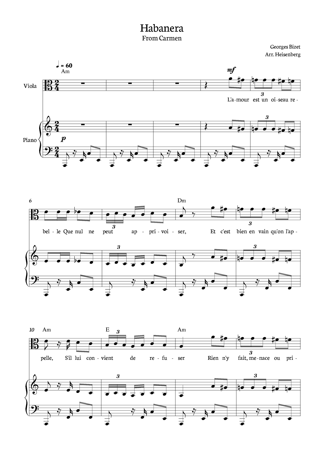 Habanera from Carmen for viola with piano and chords. (arr. Heisenberg)