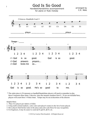 God Is So Good - for beginning handbells - 2 octaves (G4 - G6) (arr. c.e. walz)
