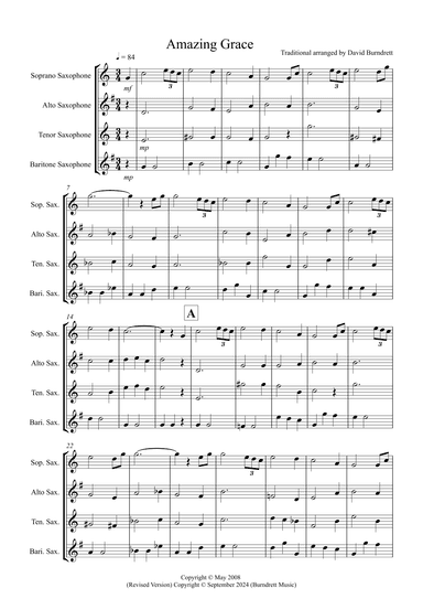 Amazing Grace for Saxophone Quartet (arr. David Burndrett)