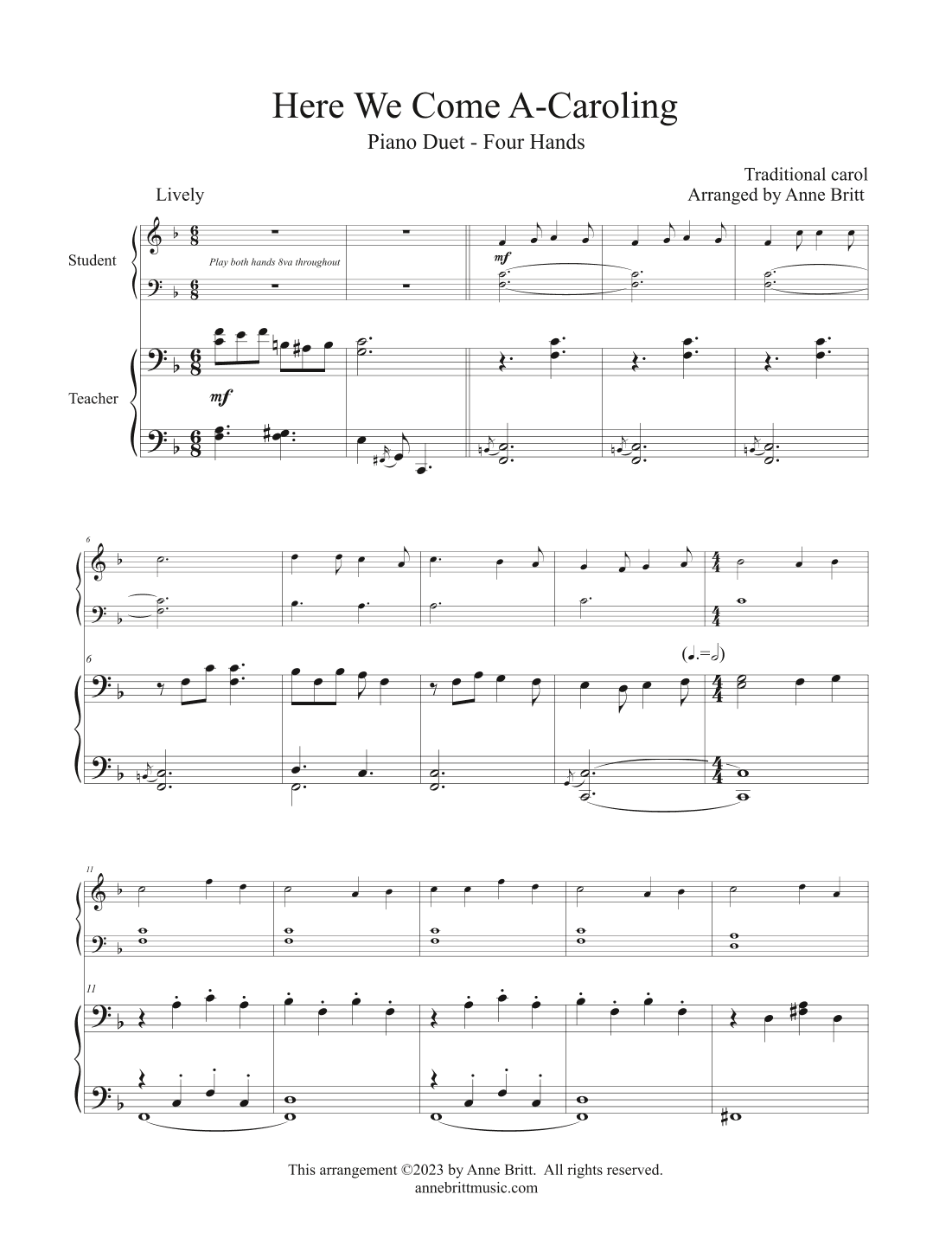 Here We Come A-Caroling (late elementary student/teacher piano duet) (arr. Anne Britt)