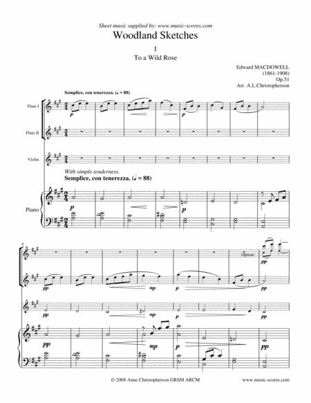 To a Wild Rose - 2 Flutes, Violin and Piano (arr. Anne L Christopherson GRSM ARCM)