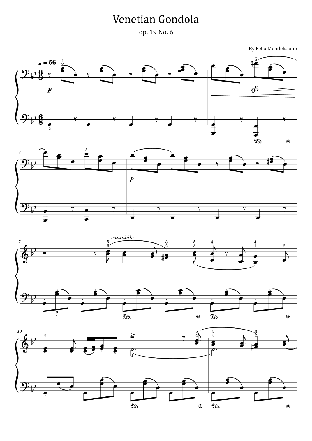 Mendelssohn - Venetian Gondola Song - Op.19 No. 6 - Original With Fingered - For Piano Solo (arr. poon)