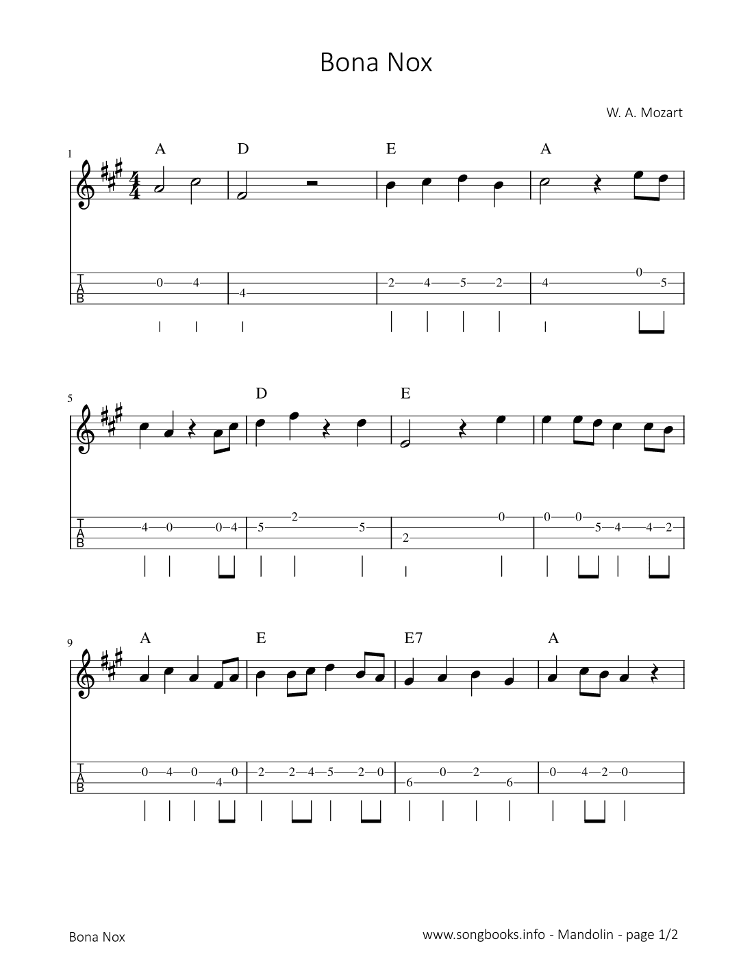 Bona Nox - W. A. Mozart (arr. songbooks.info)