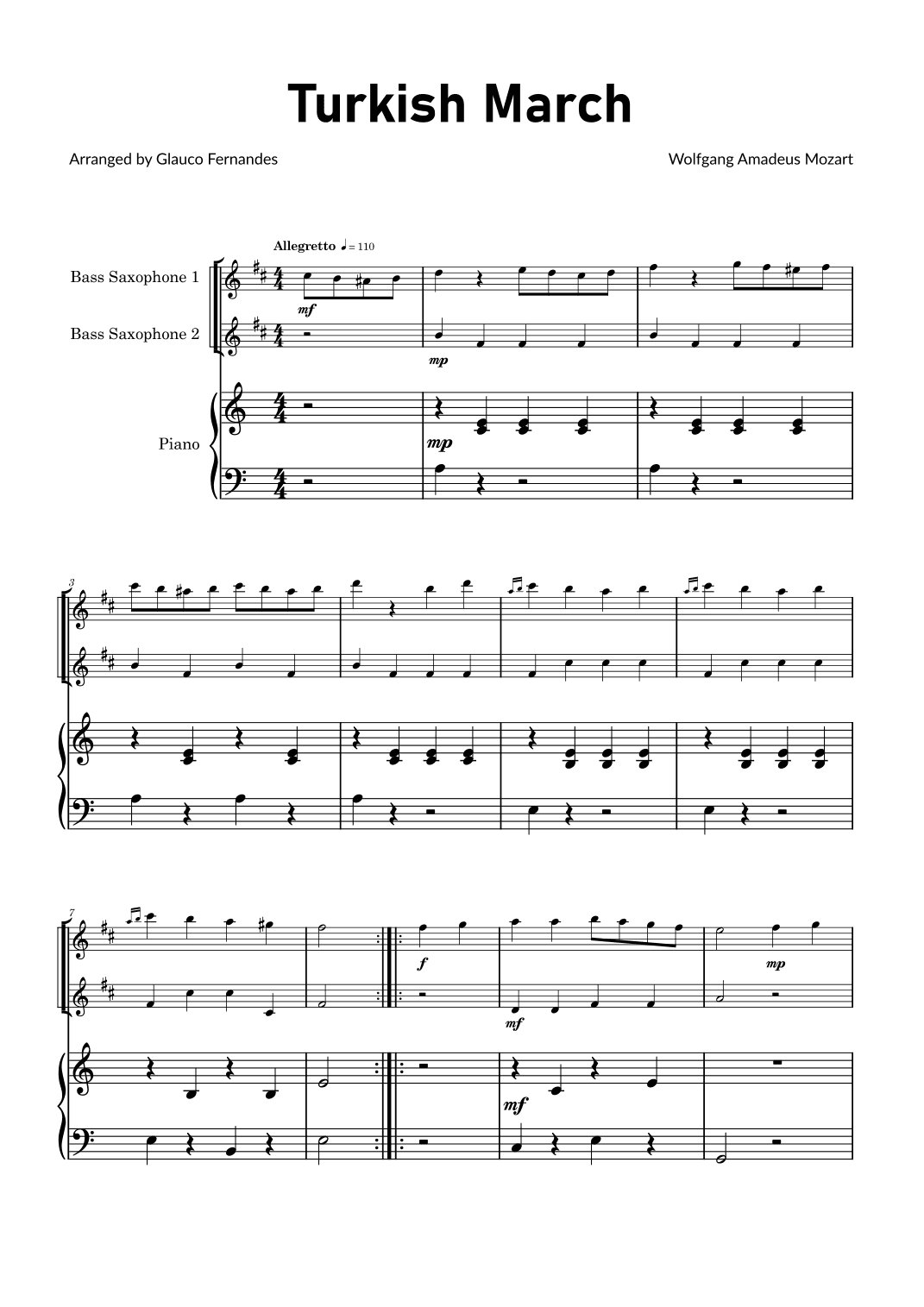 Turkish March by Mozart - Bass Saxophone Duet with Piano (arr. Glauco Fernandes)