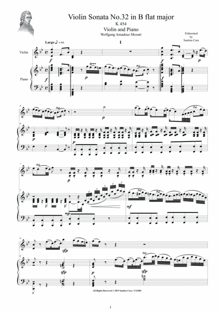 Mozart - Violin Sonata No.32 in B flat major K 454 for Violin and Piano - Score and Part (arr. Santino Cara)