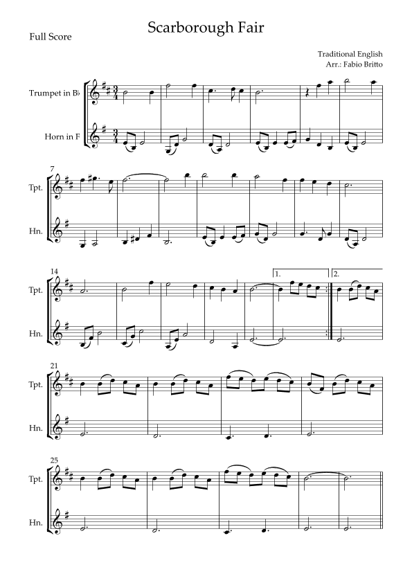 Scarborough Fair for Trumpet in Bb & Horn in F Duo (arr. Fabio Britto)