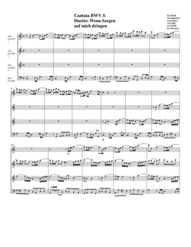 Duetto: Wenn Sorgen  auf mich dringen from cantata BWV 3 (Arrangement for 4 recorders) (arr. Gil Garty)