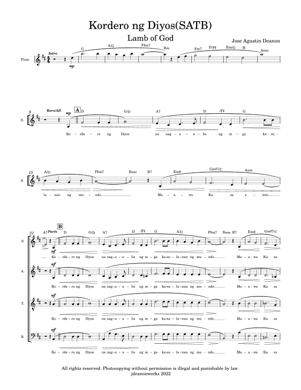 Kordero ng Diyos (Agnus Dei), SATB ver. by Jose Deanon
