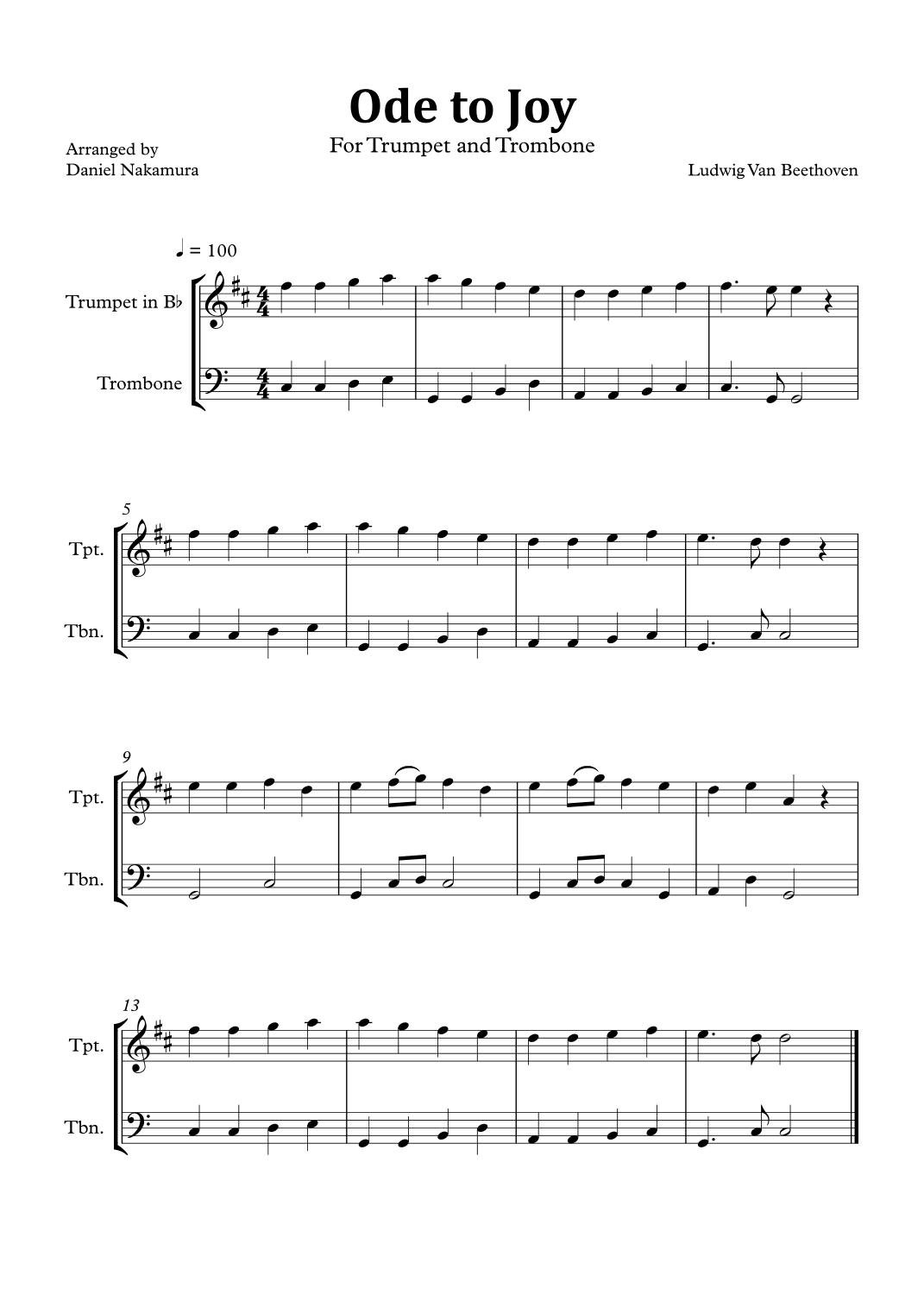Ode to Joy (Easy Trumpet and Trombone) (arr. Daniel Nakamura)