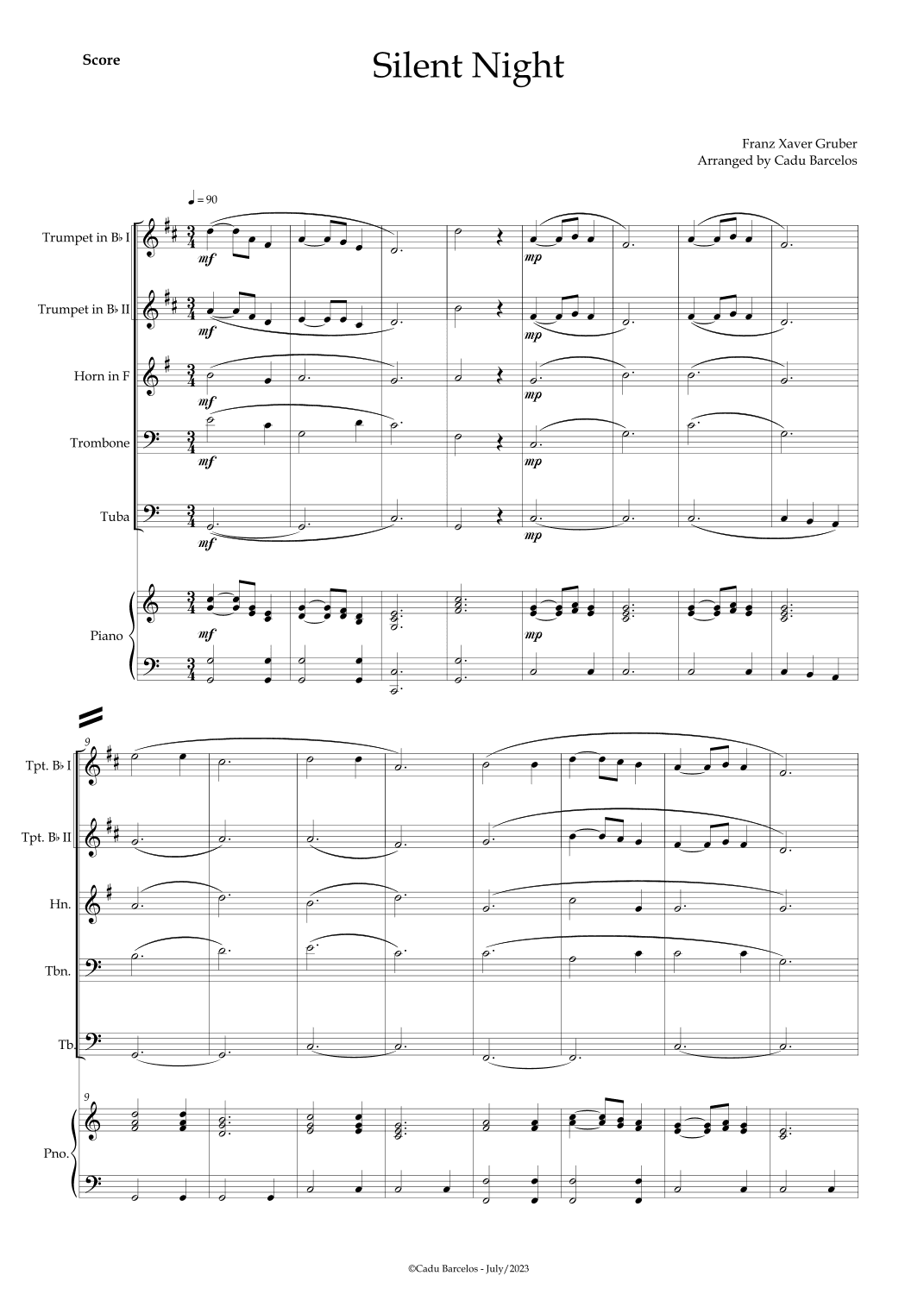 Silent night (Brass Quintet) Piano (arr. Cadu Barcelos)