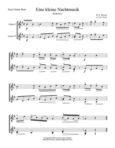 Romance from Eine kleine Nachtmusik for easy guitar duo (arr. K. Krantz)