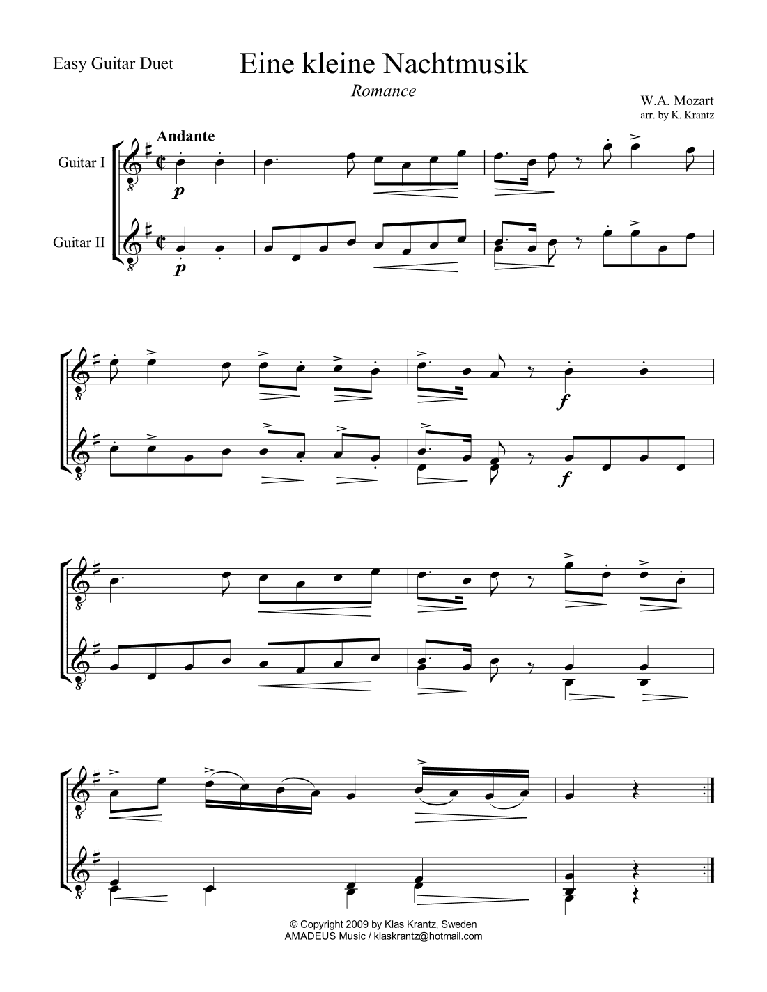 Romance from Eine kleine Nachtmusik for easy guitar duo (arr. K. Krantz)