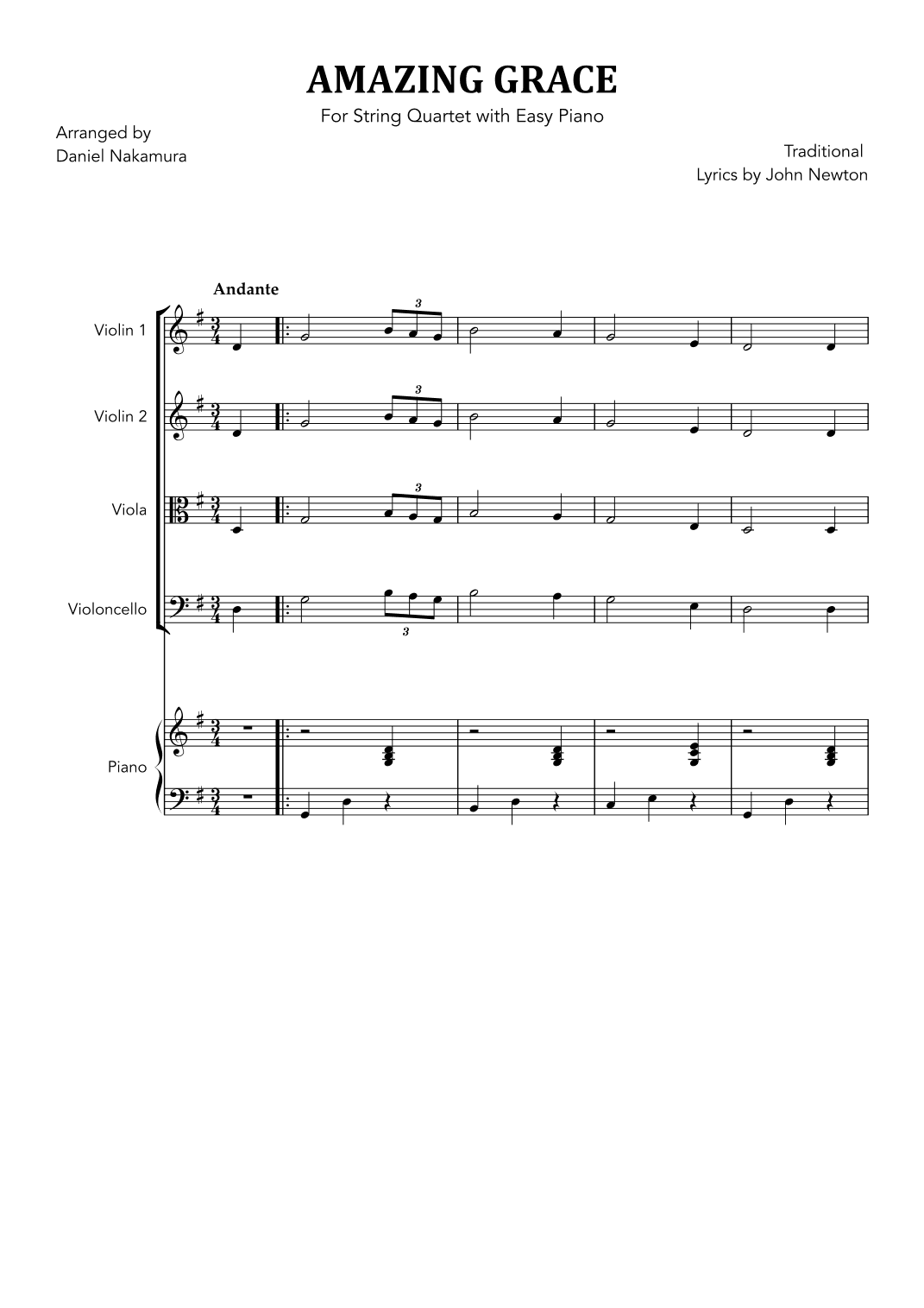 Amazing Grace (for String Quartet and Easy Piano) (arr. Daniel Nakamura)