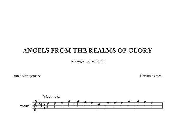 Angels from the realms of glory in D Violin Easy Christmas carol (arr. Milanov)