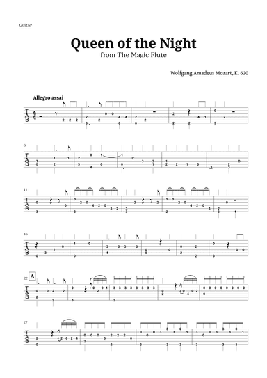 Queen of the Night by Mozart for Guitar TAB (arr. Langanho)