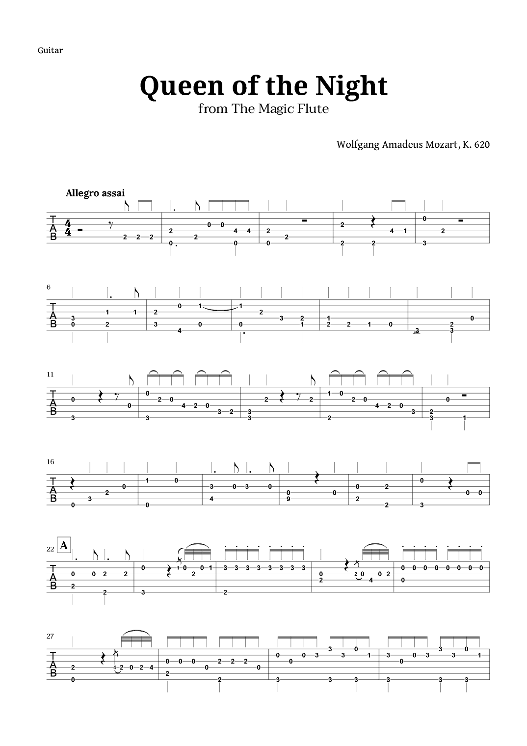 Queen of the Night by Mozart for Guitar TAB (arr. Langanho)