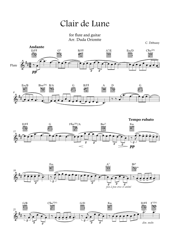 Clair de Lune  (Flute - With guitar TABS) (arr. Duda Oriontte)