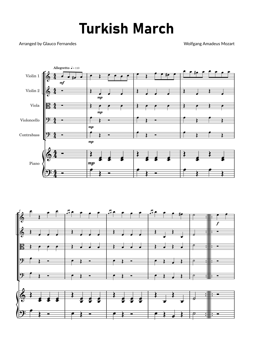 Turkish March by Mozart - String Orchestra with Piano (arr. Glauco Fernandes)