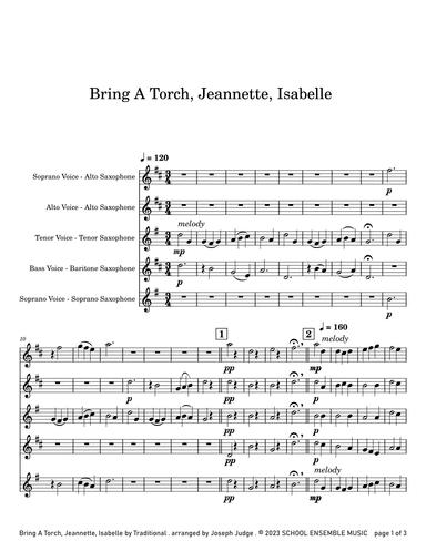 Bring A Torch for Saxophone Quartet in Schools (arr. Joseph Judge)