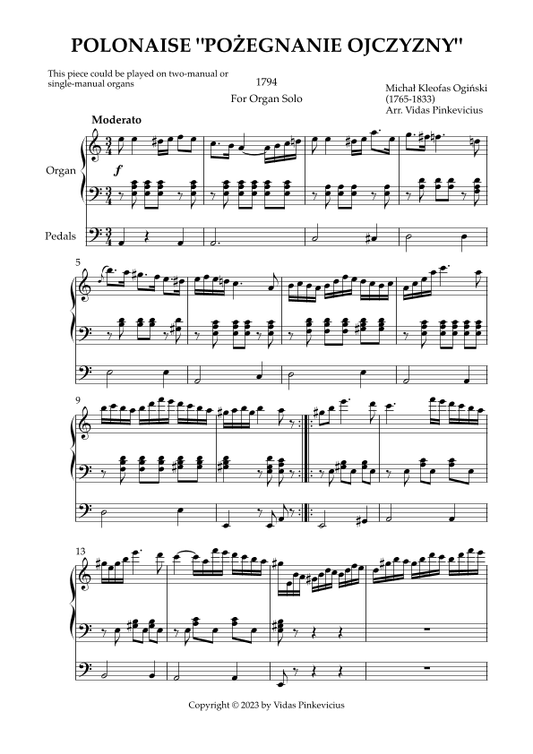 Polonaise "Poz´egnanie ojczyzny" (arr. for Organ Solo) by Michal Kleofas Ogin´ski (arr. Vidas Pinkevicius)