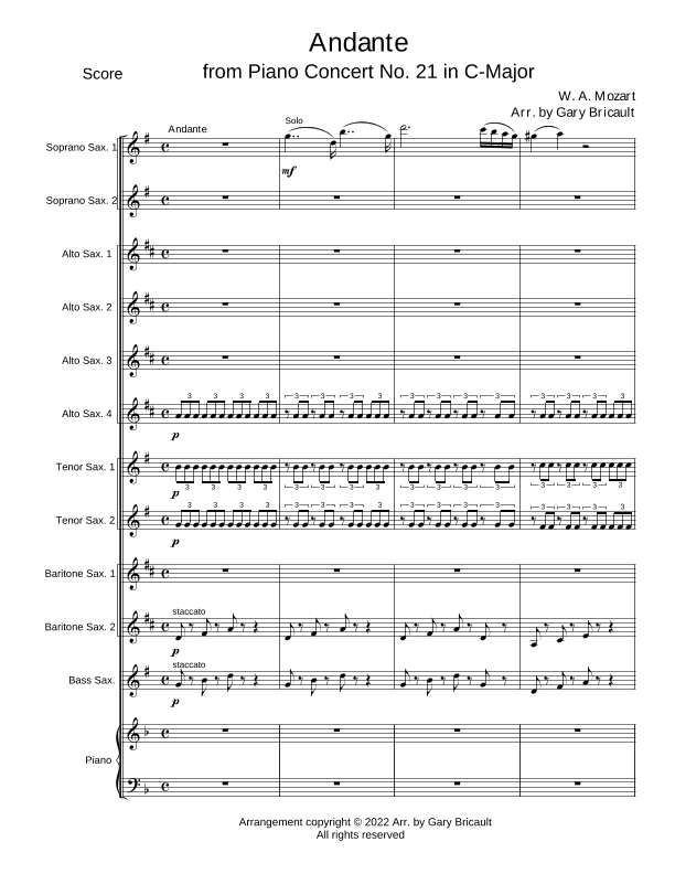 Andante from Piano Concerto No. 21 ion C-Major (arr. Gary Bricault)