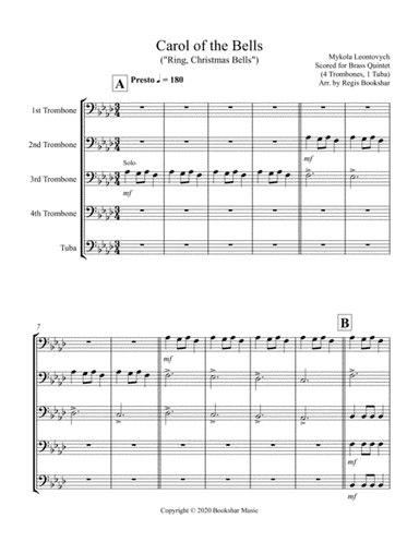 Carol of the Bells (F min) (Brass Quintet - 4 Trb, 1 Tuba) (arr. Regis Bookshar)