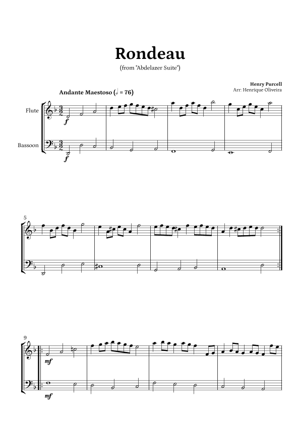 Rondeau from "Abdelazer Suite" by Henry Purcell - For Flute and Bassoon (D minor) (arr. Henrique Oliveira)