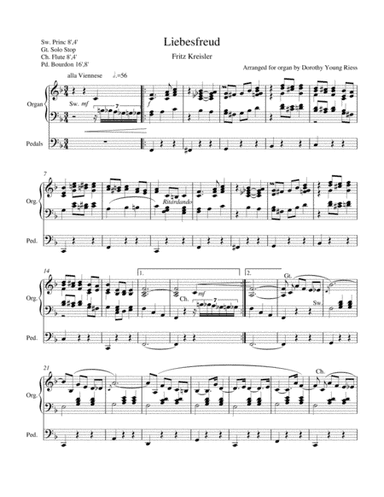 Liebesfreud by Fritz Kreisler arranged for organ by Dorothy Young Riess (arr. RAE VERLAG)