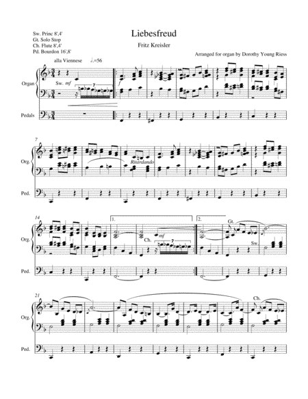Liebesfreud by Fritz Kreisler arranged for organ by Dorothy Young Riess (arr. RAE VERLAG)