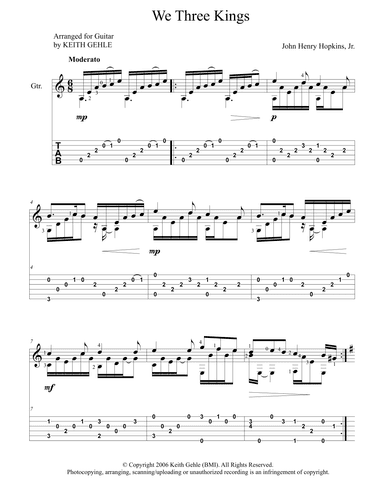 "We Three Kings" for solo classical fingerstyle guitar (+TAB) (arr. Keith W. Gehle)
