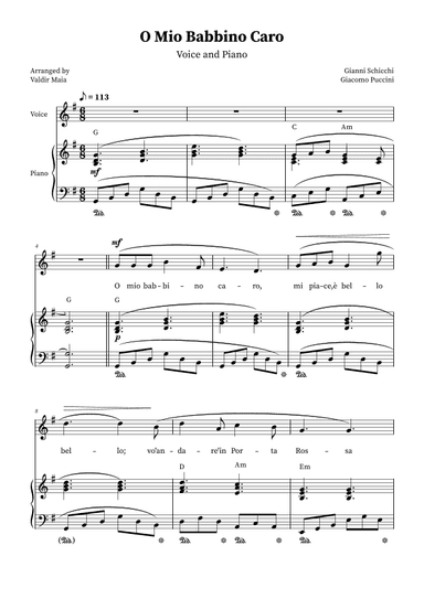 O Mio Babbino Caro - Male Voice in G Major (with chords) (arr. Valdir Maia)