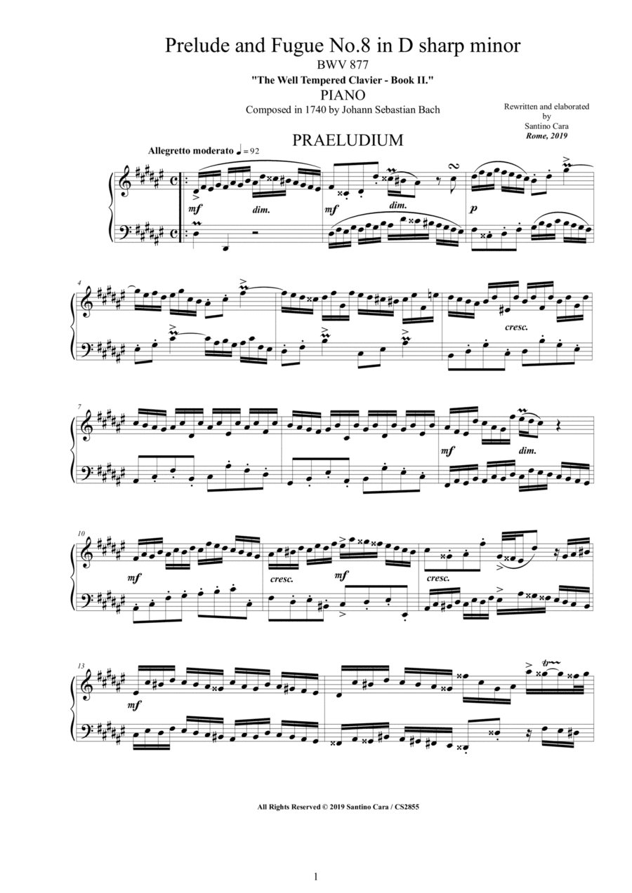 Bach - Prelude and Fugue No.8 in D sharp minor BWV 877 for Piano (arr. Santino Cara)