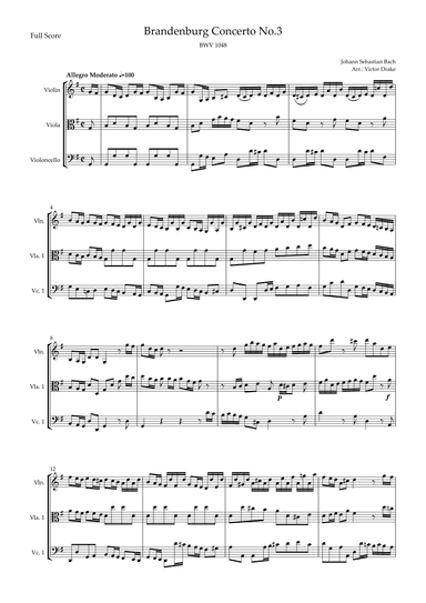 Brandenburg Concerto No. 3 in G major, BWV 1048 1st Mov. (J.S. Bach) for String Trio (arr. Victor Drake)